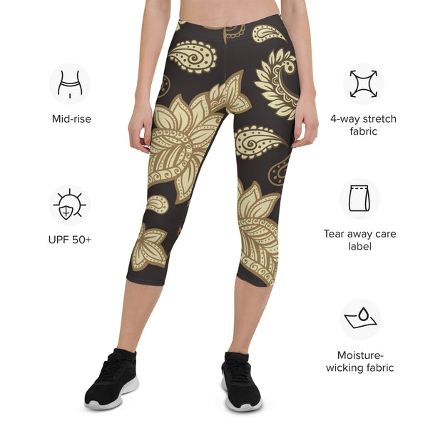 Women's Printed Capri Leggings (Black Gold)